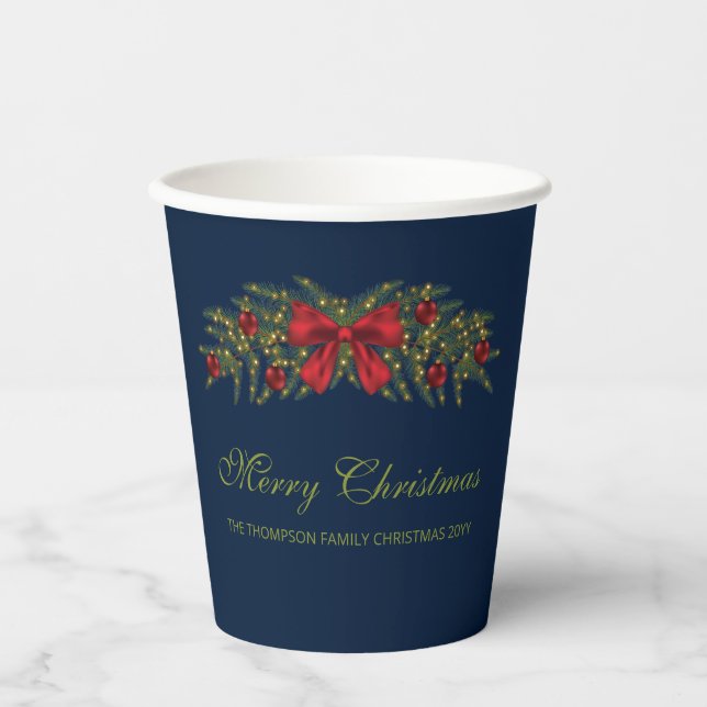 Vasos De Papel Guirnalda de Navidad con un lazo rojo y adornos (Anverso)