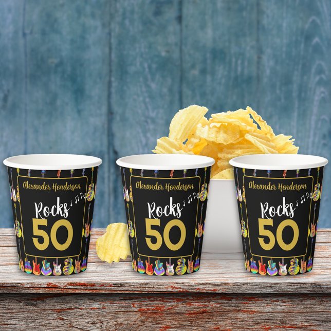 Vasos De Papel Guitarra Rock Personalizada Cumpleaños 50 (Personalized rock and roll 50th birthday party colorful guitars black and gold)