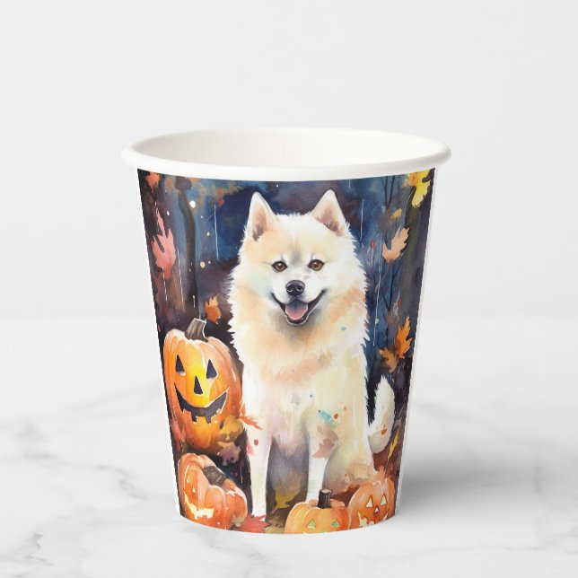 Vasos De Papel Halloween American Akita con calabazas aterradoras (Anverso)