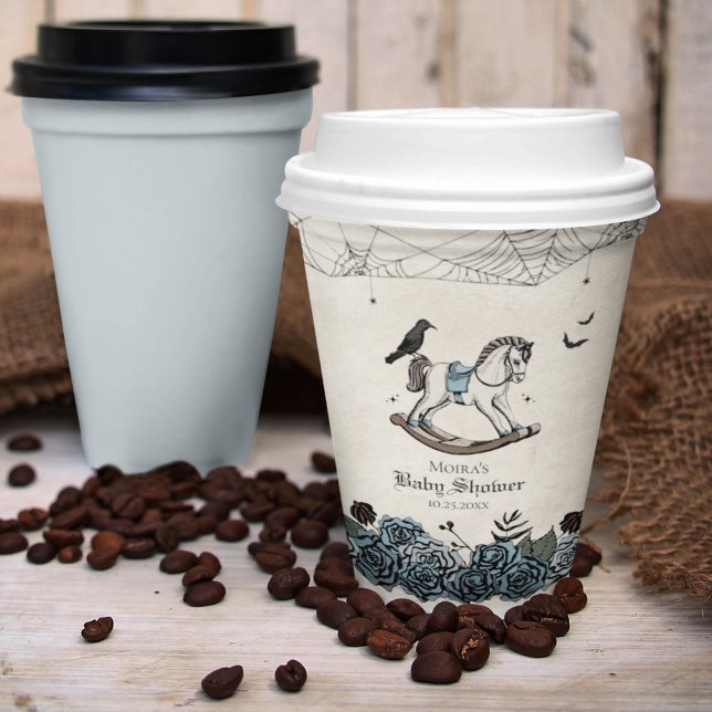 Vasos De Papel Halloween Baby Shower Blue Spooky Rocking Horse (Gothic Baby Shower. Hand Drawn Vintage Pink Rocking Horse, Black Raven, Spiderwebs, Bats, Blue Roses)