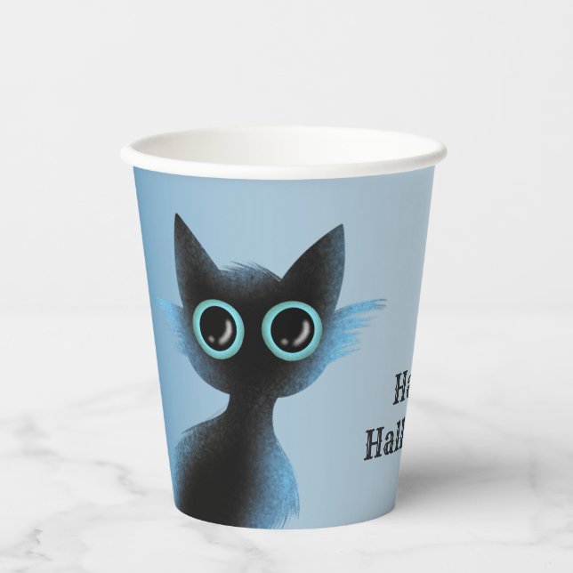 Vasos De Papel Halloween Big Eyes Black Blue Evil Cat (Anverso)
