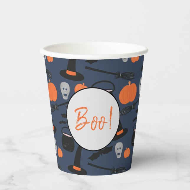 Vasos De Papel Halloween Boo Broomstick de calabaza para brujas (Anverso)