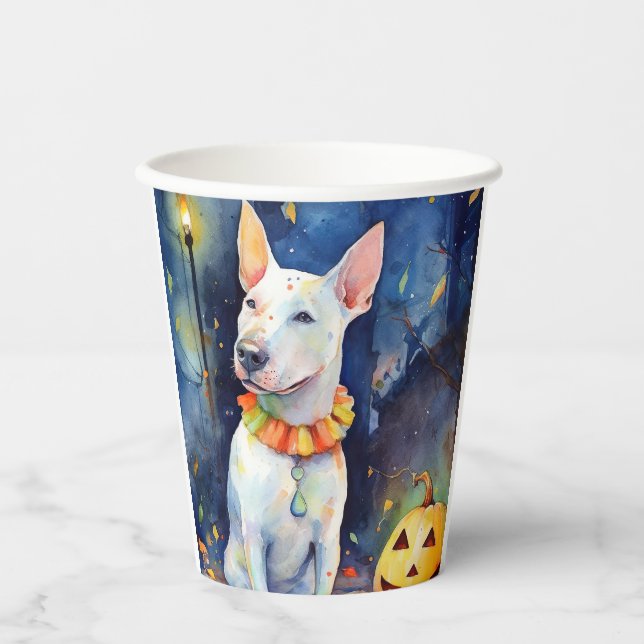 Vasos De Papel Halloween Bull Terrier con calabazas aterradoras (Anverso)