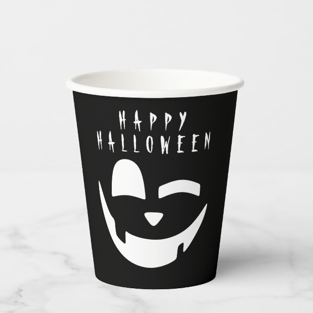 Vasos De Papel Halloween Calabaza Negra y Blanca Face Feliz (Anverso)