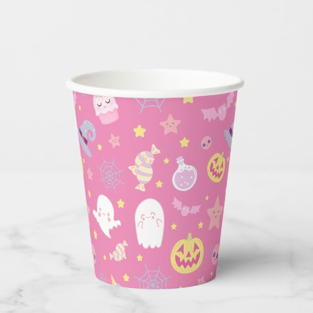 Vasos De Papel Halloween con el patrón rosado pasteloween (Anverso)