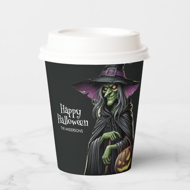Vasos De Papel Halloween con temática de bruja asustada (Anverso)