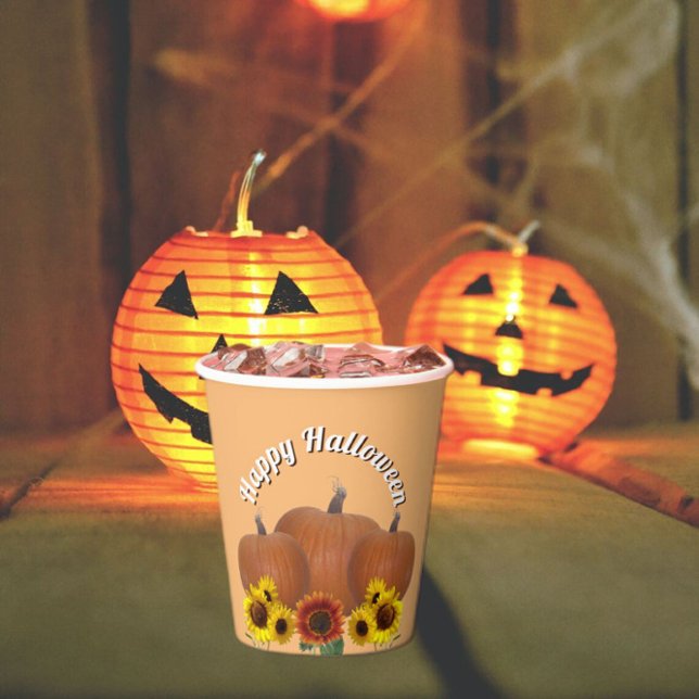 Vasos De Papel Halloween con tres calabazas Naranjas y girasoles (Subido por el creador)