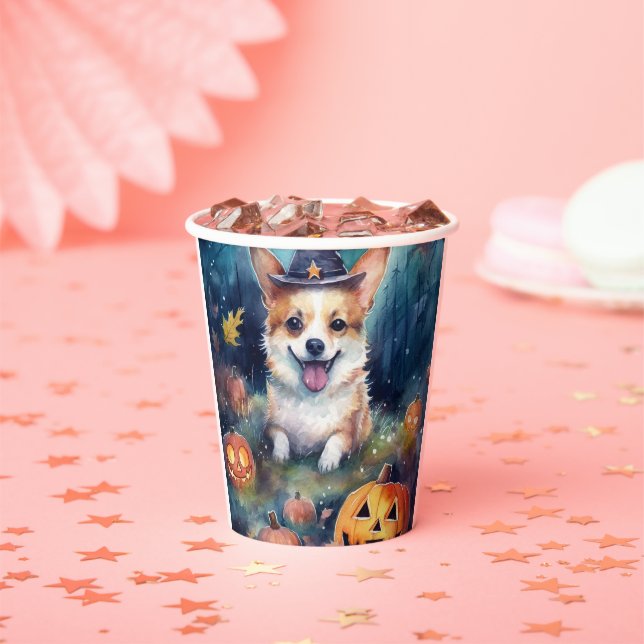 Vasos De Papel Halloween Corgi con calabazas aterradoras (in situ)