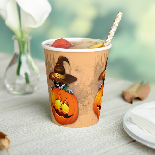 Vasos De Papel Halloween Curte Kitty Witch and Pumpkin Friend (in situ)