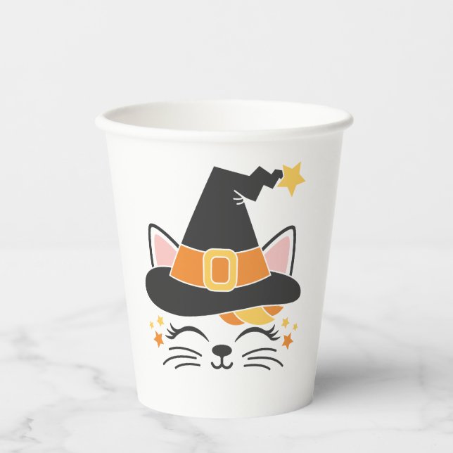 Vasos De Papel Halloween de bruja de gato Kitty (Anverso)