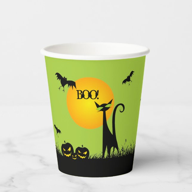 Vasos De Papel Halloween del gato negro y los murciélagos (Anverso)