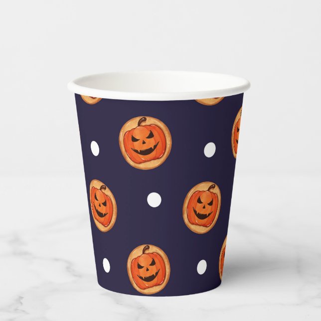 Vasos De Papel Halloween Jack-O-Lantern Cookie Navy Polka puntos (Anverso)