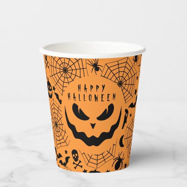Vasos De Papel Halloween Jack O Lantern Creepy Face Naranja (Anverso)