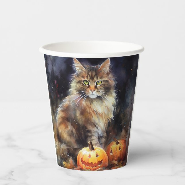Vasos De Papel Halloween Maine Coon Cat Con Calabazas Temerosas (Anverso)