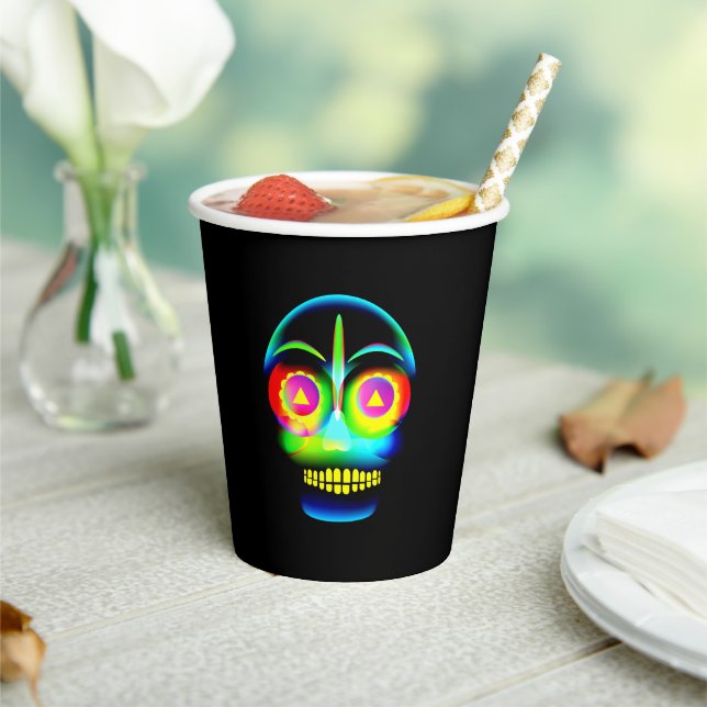 Vasos De Papel Halloween Neon Look Glow Blue Yellow Skull (in situ)