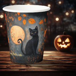 Vasos De Papel Halloween Ornate Black Cat Luna completa Fiesta ad