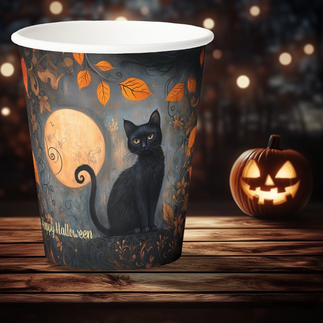 Vasos De Papel Halloween Ornate Black Cat Luna completa Fiesta ad (Halloween Ornate Black Cat Full Moon Adult Party Paper Cups)