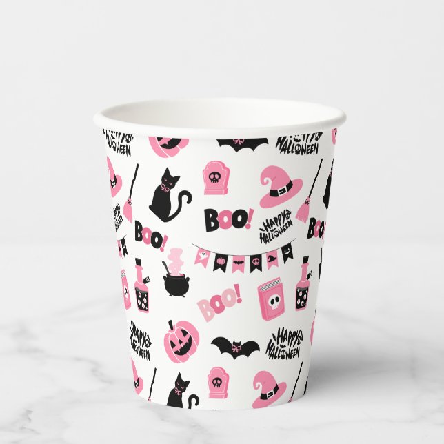 Vasos De Papel Halloween rosa y negro (Anverso)