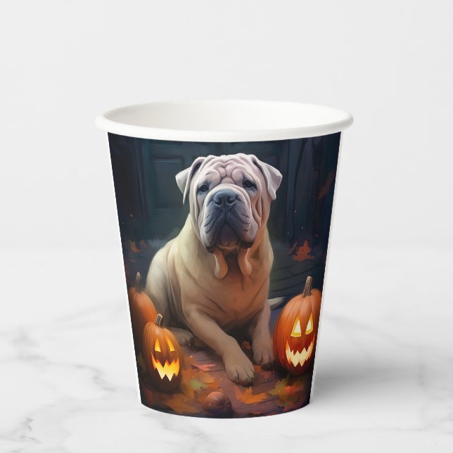Vasos De Papel Halloween Shar Pei con calabazas aterradoras (Anverso)