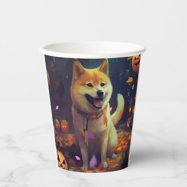 Vasos De Papel Halloween Shiba Inu con calabazas aterradoras (Anverso)