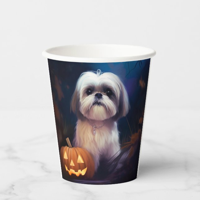 Vasos De Papel Halloween Shih Tzu con calabazas aterradoras (Anverso)