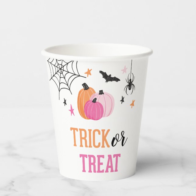 Vasos De Papel Halloween Trick Rosa o Tremendo Calabazas Spider W (Anverso)