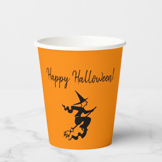 Vasos De Papel Halloween Witch Broom Naranja Black Paper cup (Anverso)