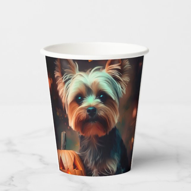 Vasos De Papel Halloween Yorkshire Terrier con calabazas temerosa (Anverso)