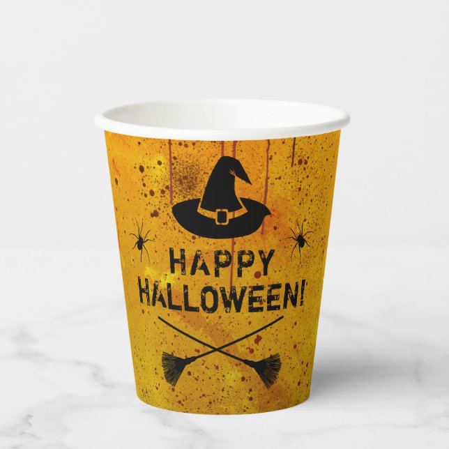 Vasos De Papel HalloweenParty Grunge Witch Gorra escoba arañas (Anverso)