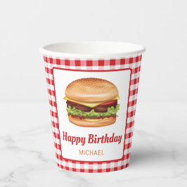 Vasos De Papel Hamburguesa Comida En Red Gingham Feliz Cumpleaños
