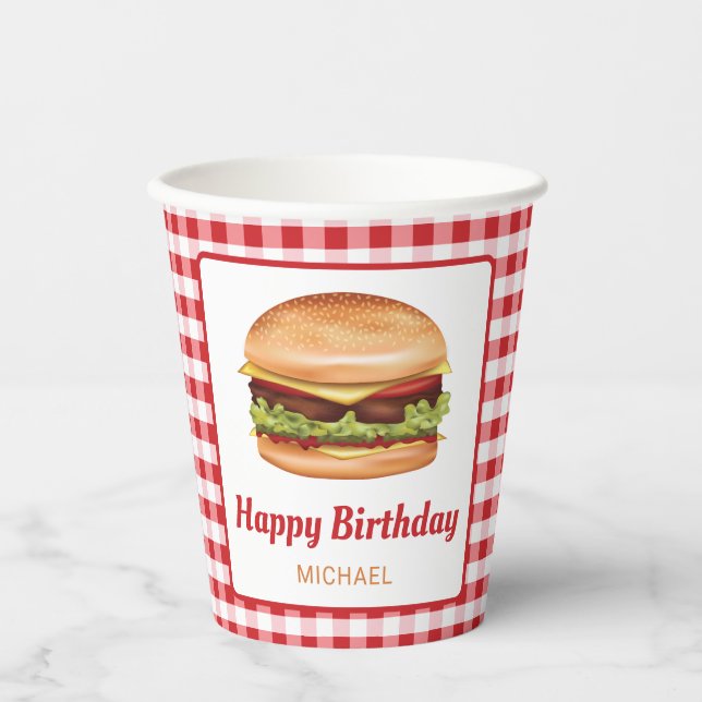 Vasos De Papel Hamburguesa Comida En Red Gingham Feliz Cumpleaños (Anverso)