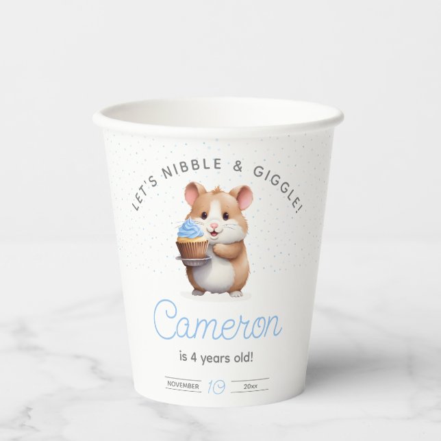 Vasos De Papel Hámster de quequitos azules, cumpleaños de chichar (Anverso)