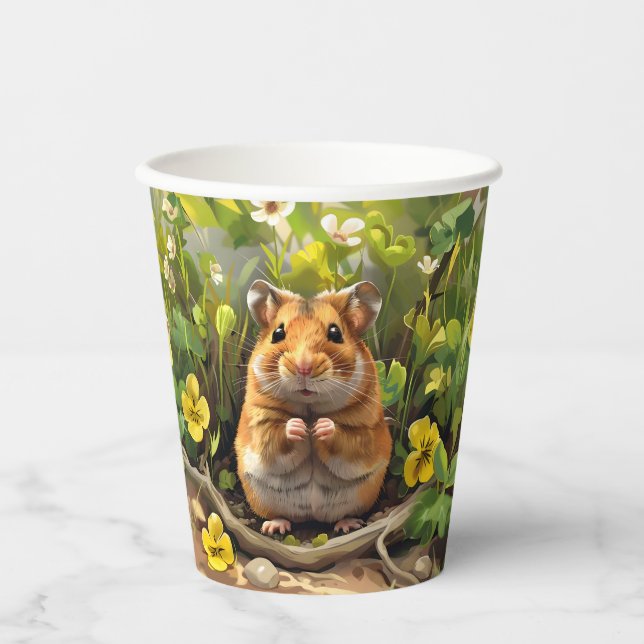 Vasos De Papel Hamster Dorado Sirio En Un Campo De Flores (Anverso)