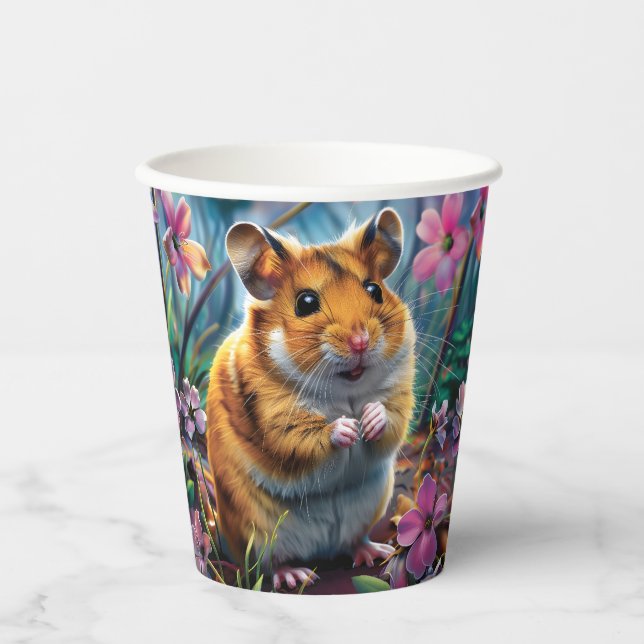 Vasos De Papel Hámster entre las flores rosadas (Anverso)