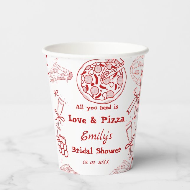 Vasos De Papel Hand Drawn es amor y pizza Despedida de soltera (Reverso )