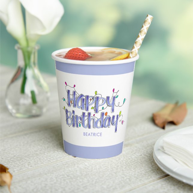 Vasos De Papel Hand Lettered Dusty Blue Happy Birday (in situ)