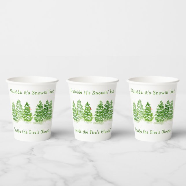 Vasos De Papel Handpainted Winter Trees Outside Snow Fires Glowin (Multi)