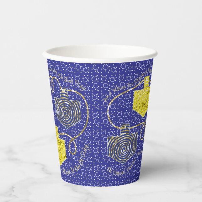 Vasos De Papel Hanukkah Purpurina Dreidels 8 oz. (Anverso)