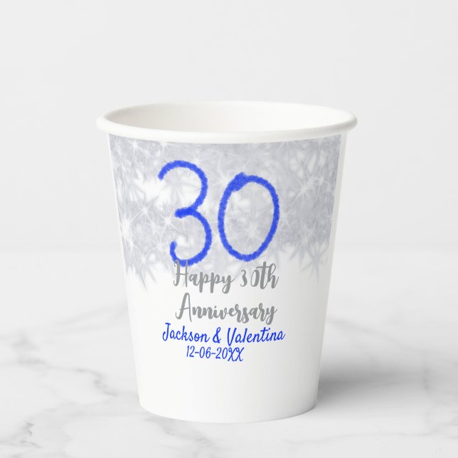 Vasos De Papel Happy 30th wedding anniversary silver blue glitter (Anverso)