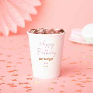 VASOS DE PAPEL HAPPY BIRTHDAY PINK ORANGE NAME SIMPLE YEAR PLACE 