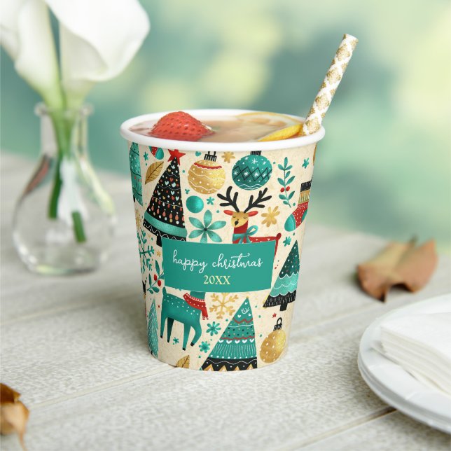 Vasos De Papel Happy Christmas – Festive Trees & Reindeer (in situ)