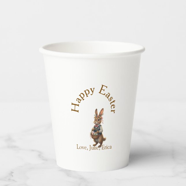 Vasos De Papel Happy Easter brown bunny with eggs love add name  (Anverso)