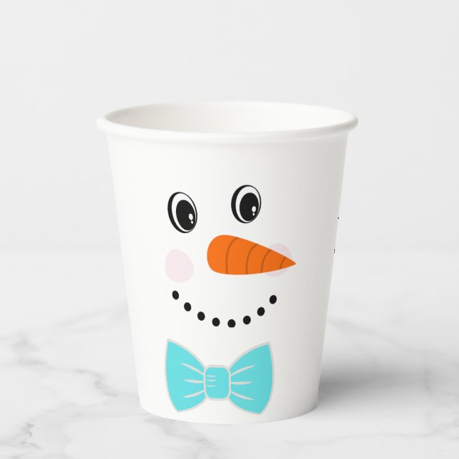 Vasos De Papel Happy Face Snowman Verde azulada Blue Bowtie (Anverso)