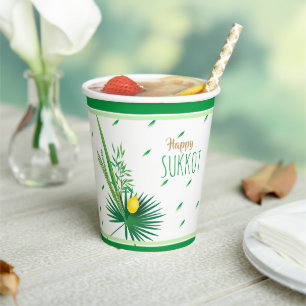 Vasos De Papel Happy Sukkot Lulav y Etrog Watercolor Pattern