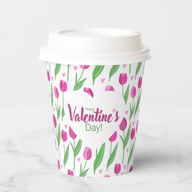 Vasos De Papel Happy Valentine's Day Pink Tulips (Anverso)