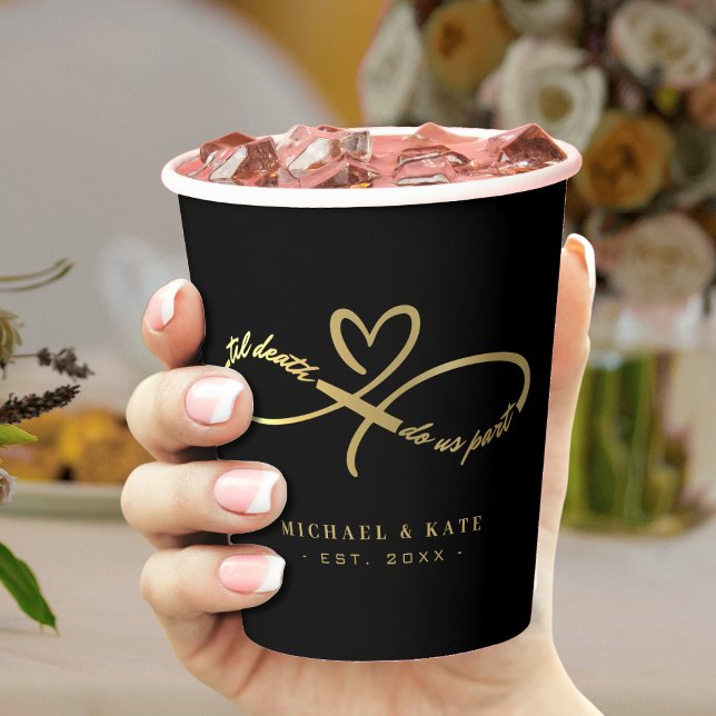 Vasos De Papel Hasta que la muerte nos separe símbolo de infinito (Til Death Do Us Part Black & Gold Infinity Symbol Paper Cups
)