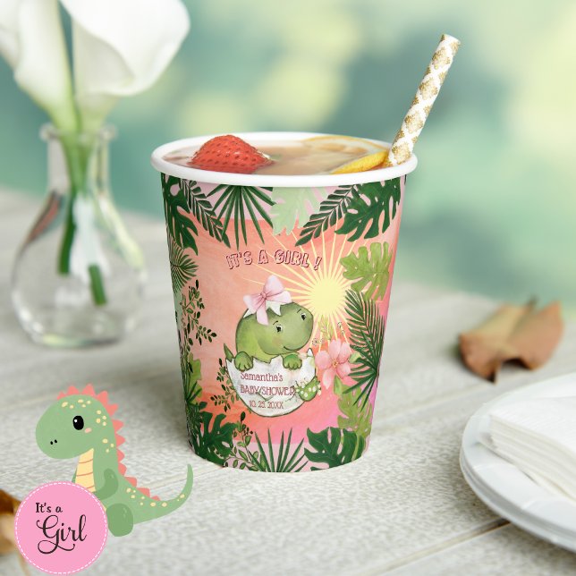 Vasos De Papel Hatching Dino with Pink Bow 'It's a Girl' Cups (Hatching Dino with Pink Bow 'It's a Girl' Cups)