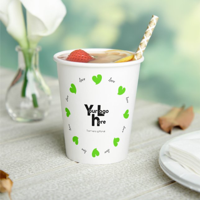 Vasos De Papel Hearty Hearts Green - Custom Text and Logo (in situ)