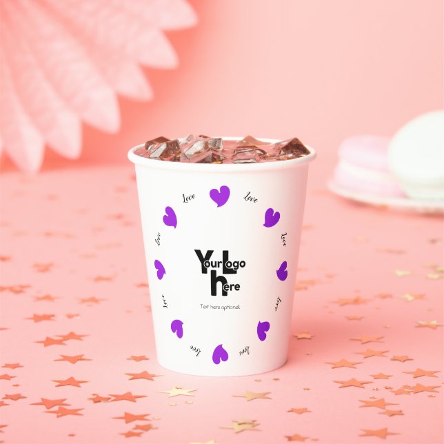 Vasos De Papel Hearty Hearts Purple - Custom Text and Logo (in situ)