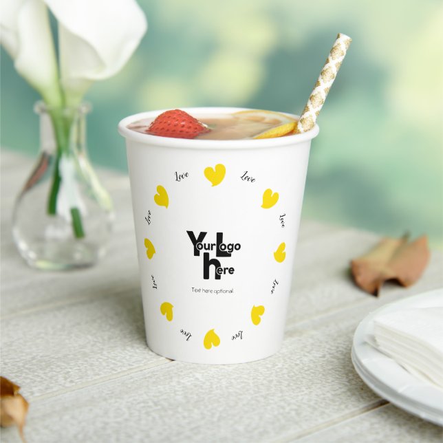 Vasos De Papel Hearty Hearts Yellow - Custom Text and Logo (in situ)